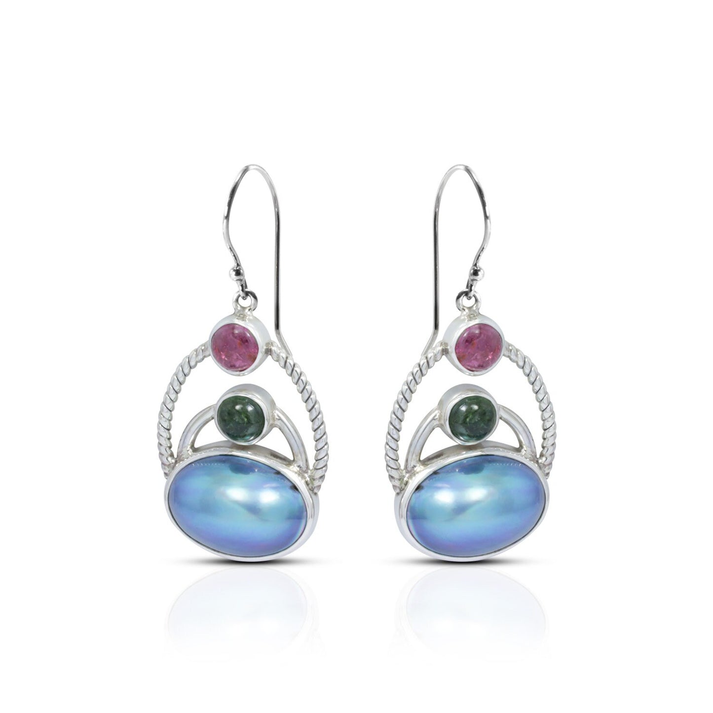oval blue pearl earrings 925 sterling silver with genuine tourmaline