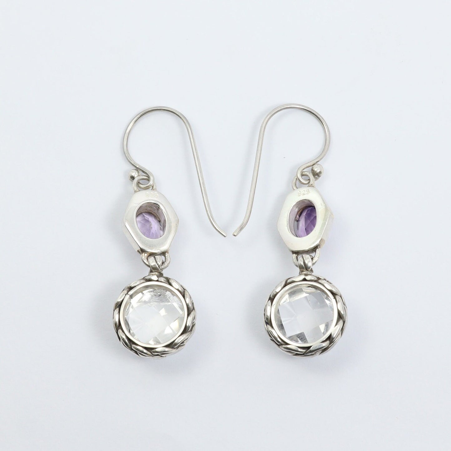 two stone earrings dangle 925 sterling silver with genuine amethyst and crystal clear decorated with woven ornament