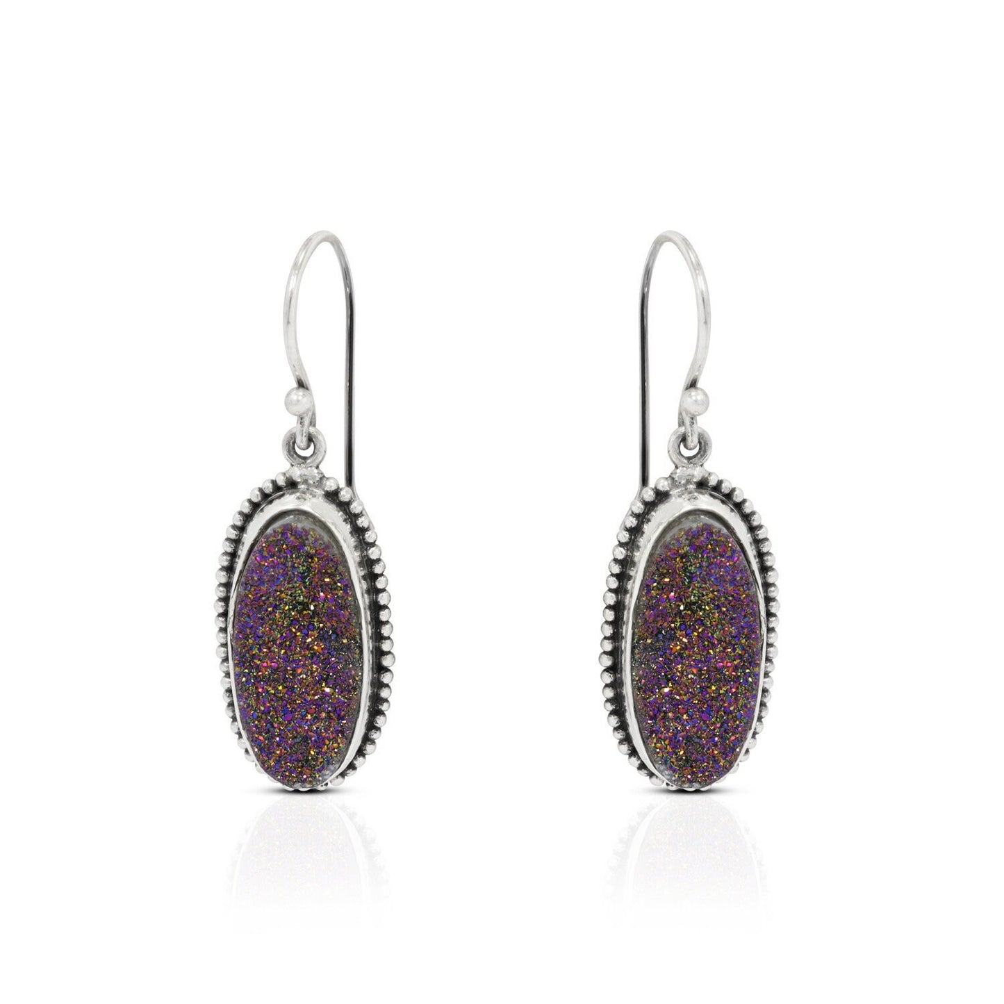 long oval earrings 925 sterling silver with genuine sparkling druzy agate decorated with dot edge ornament