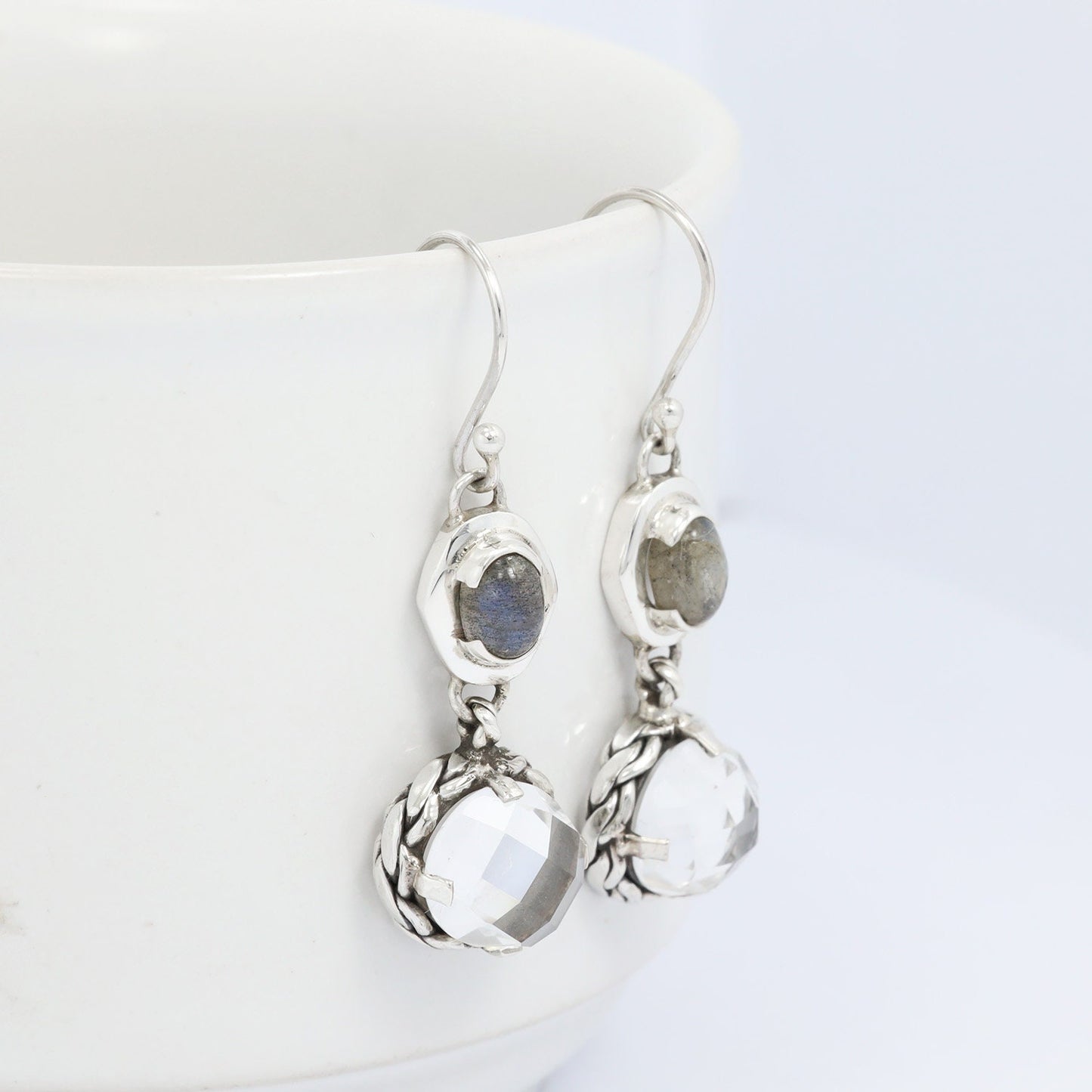 labradorite earrings 925 sterling silver with genuine white crystal and decorated with woven edge ornament