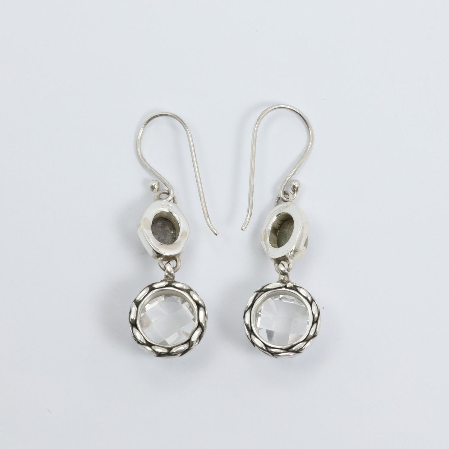 labradorite earrings 925 sterling silver with genuine white crystal and decorated with woven edge ornament