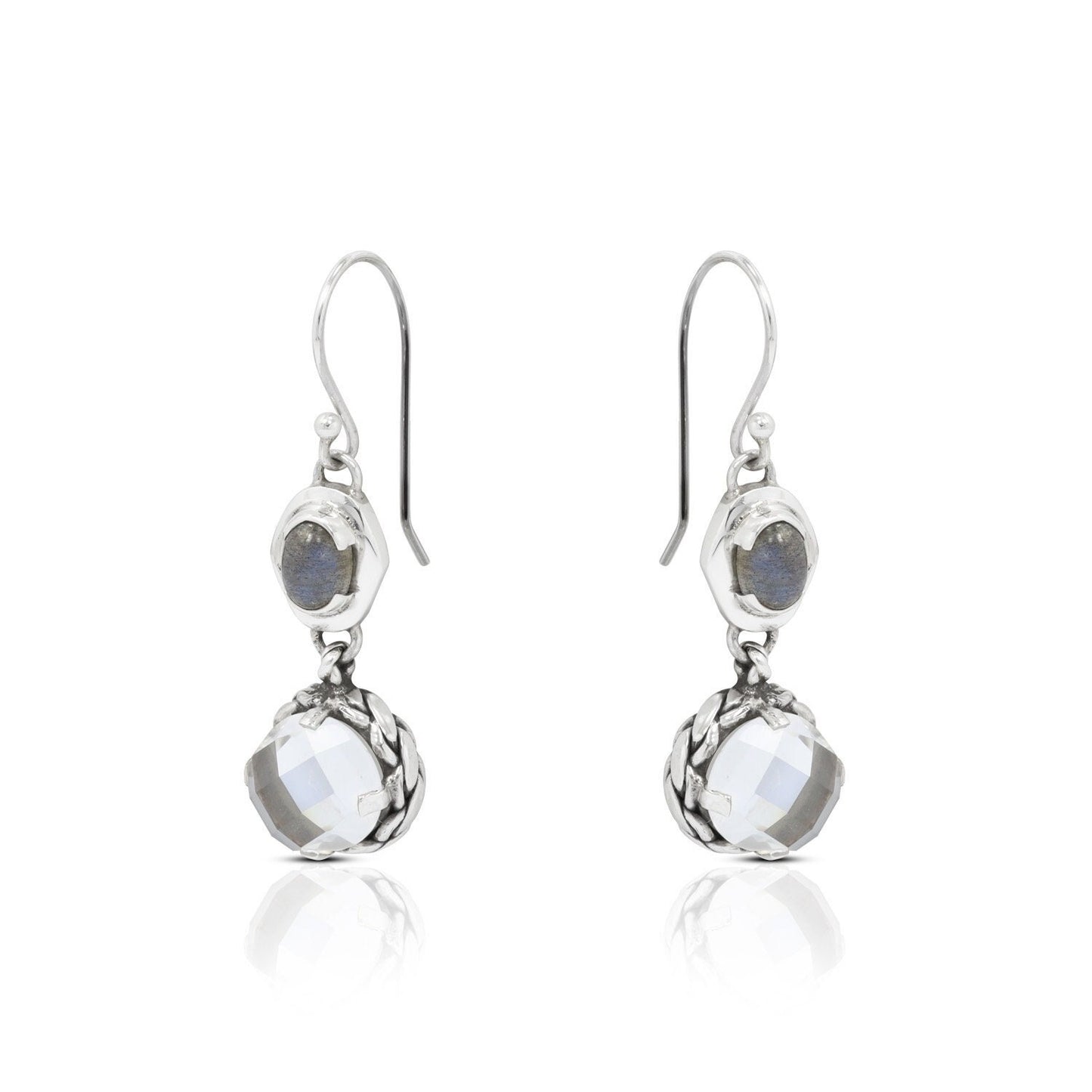 labradorite earrings 925 sterling silver with genuine white crystal and decorated with woven edge ornament