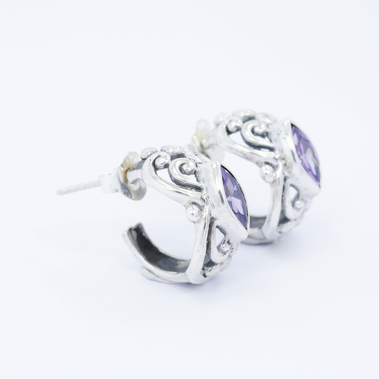 925 sterling silver huggie earrings hoop with genuine amethyst zirconia and swirl filigree ornament