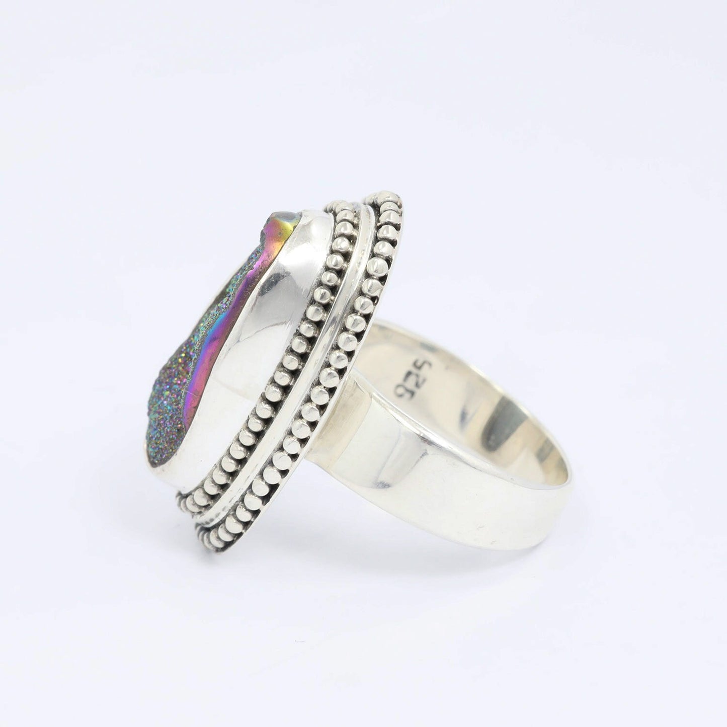 long oval ring 925 sterling silver with genuine sparkling druzy agate