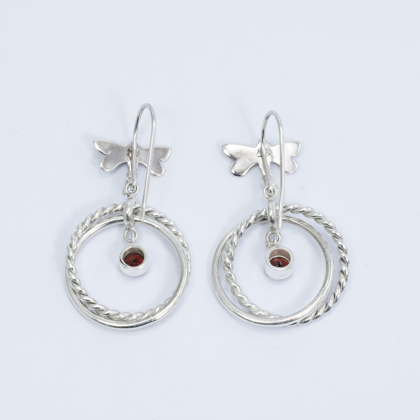 circle earrings 925 sterling silver with genuine garnet and dragonfly hoop