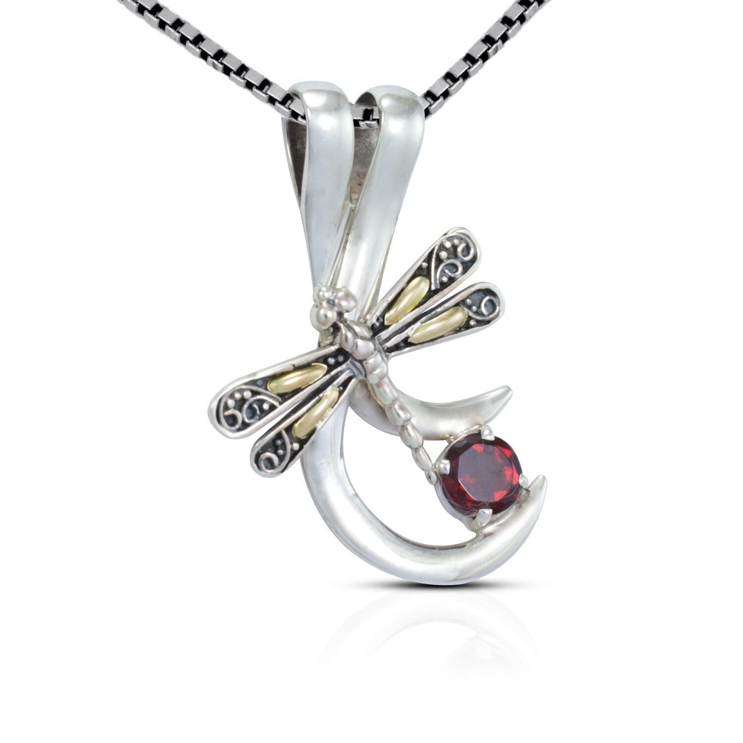 dragonfly pendant necklace 925 sterling silver and 18K yellow gold with genuine red garnet