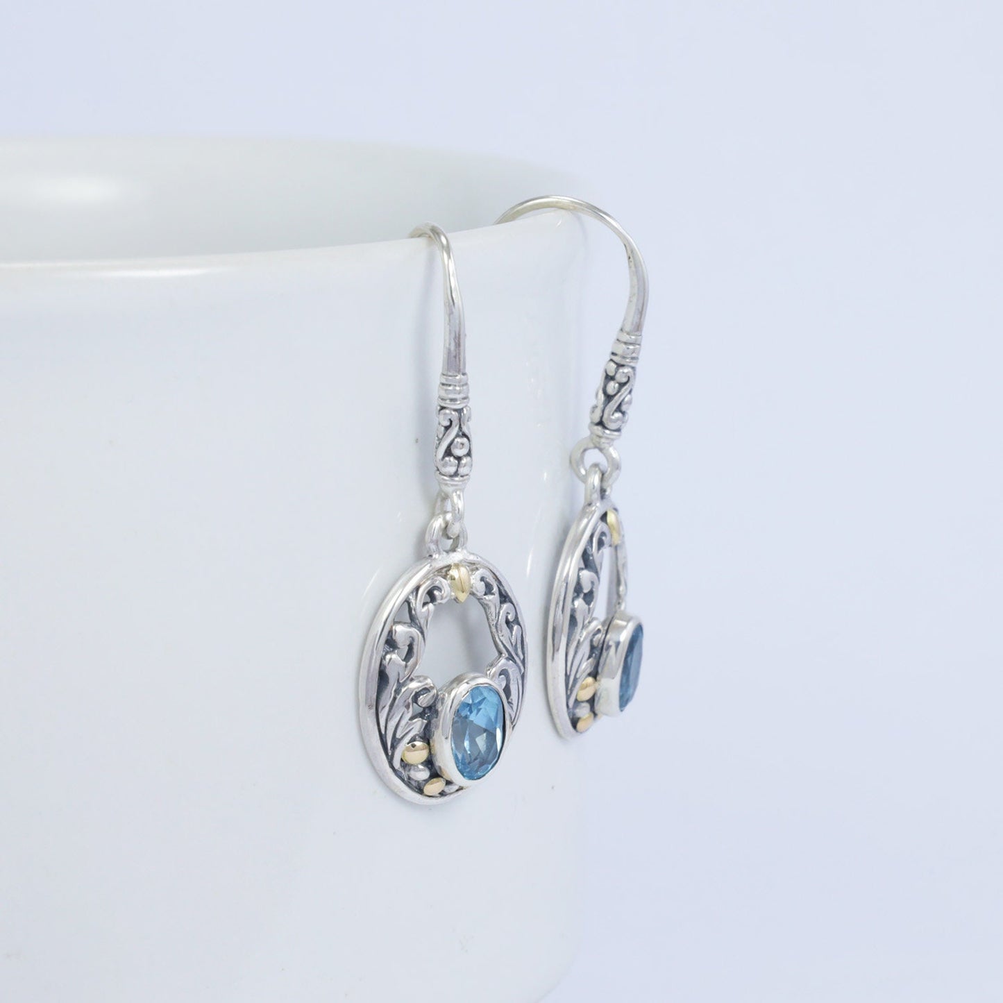 genuine blue topaz earrings dangle drop 925 sterling silver with 18K yellow gold and open work filigree ornament
