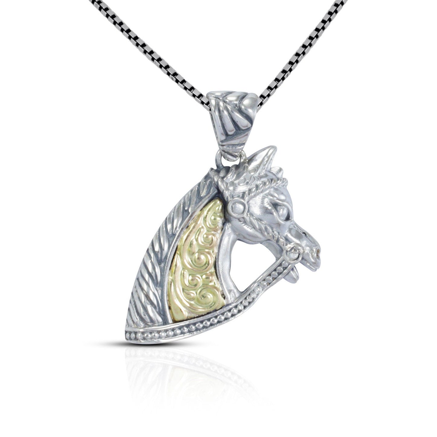 Horse head pendant necklace 925 sterling silver and 18K yellow gold