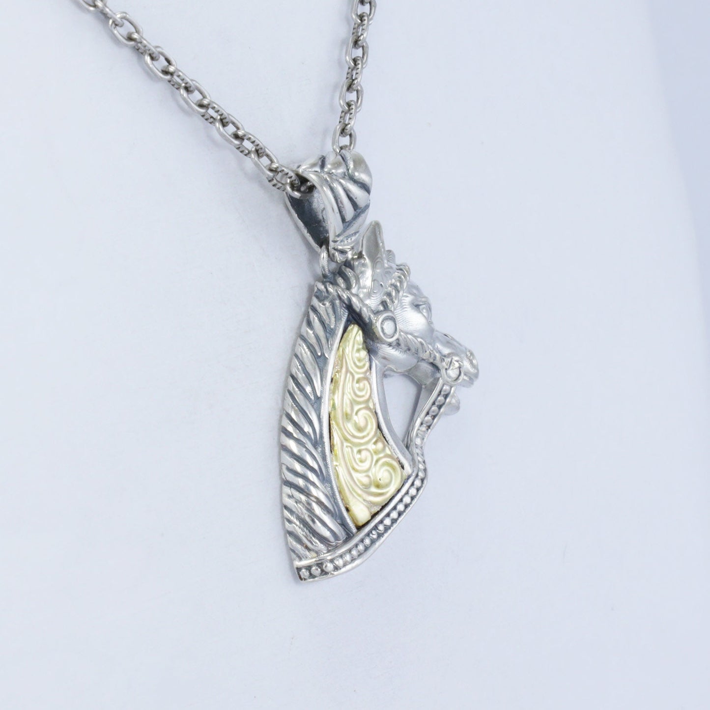 Horse head pendant necklace 925 sterling silver and 18K yellow gold