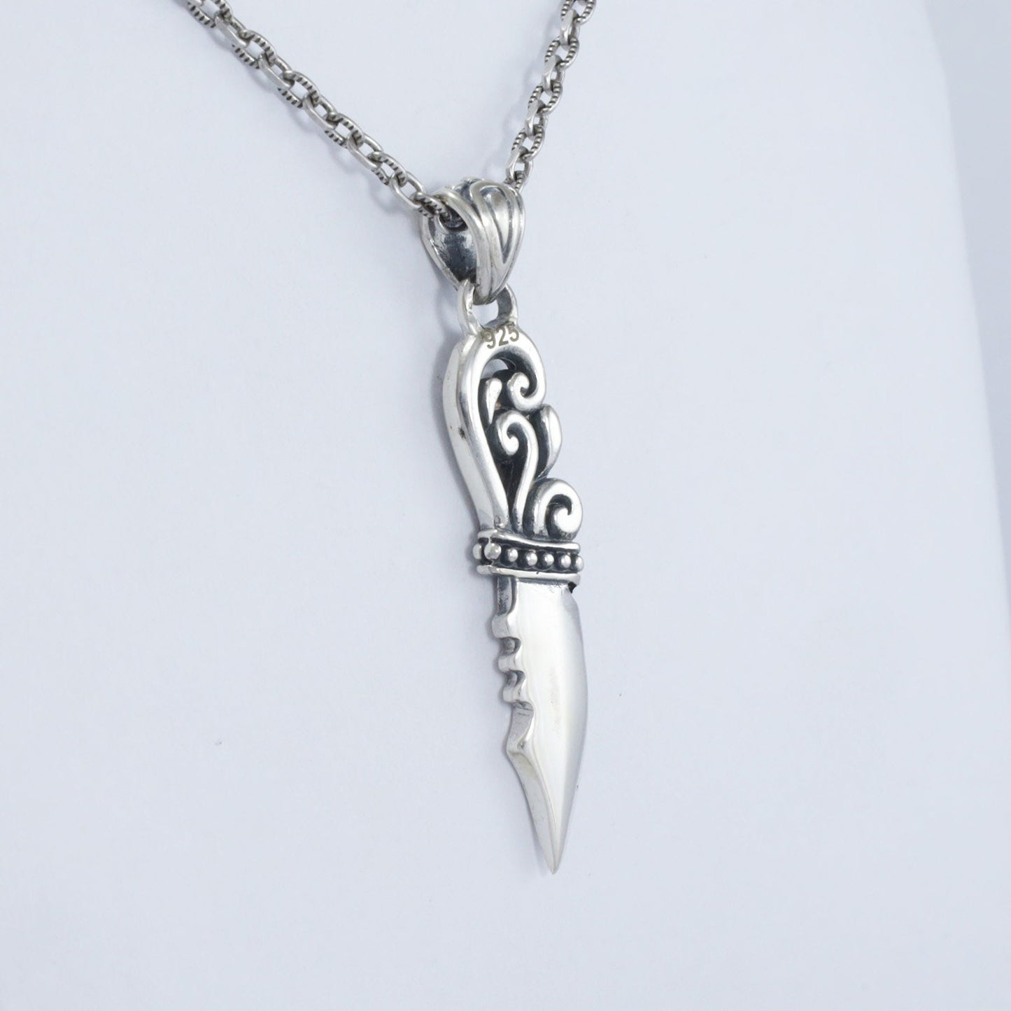 silver knife pendant necklace 925 sterling silver decorated with swirl filigree ornament