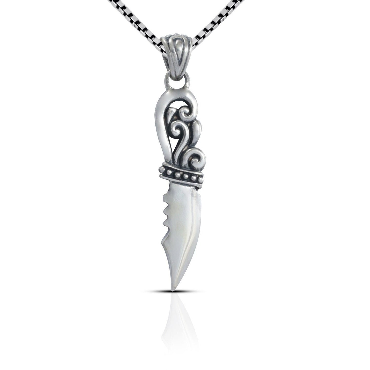 silver knife pendant necklace 925 sterling silver decorated with swirl filigree ornament