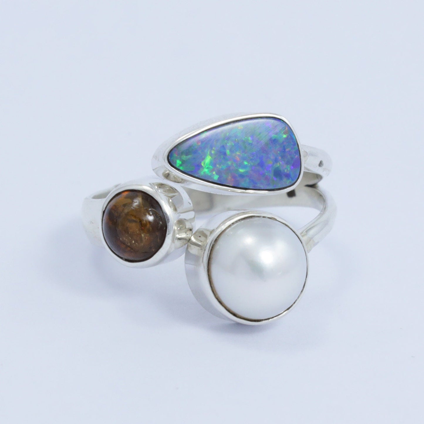 Multi stone ring 925 sterling silver with genuine fire opal, freshwater pearl and natural tourmaline