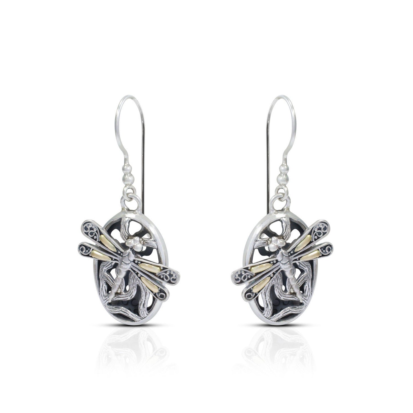 Two tone earrings 925 sterling silver and 18K yellow gold with dragonfly ornament