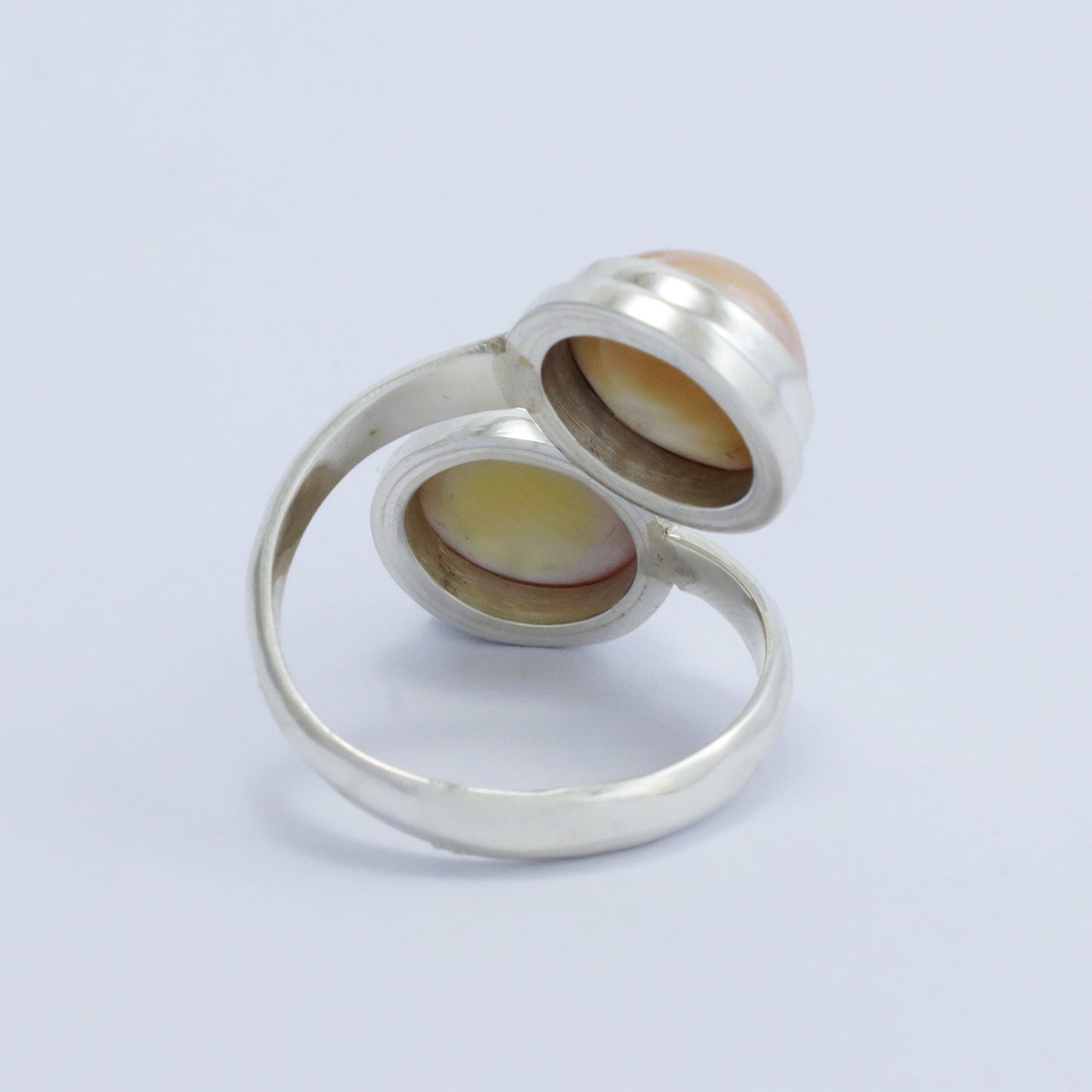Golden mabe pearl ring 925 sterling silver bypass style with bezel set and high polish