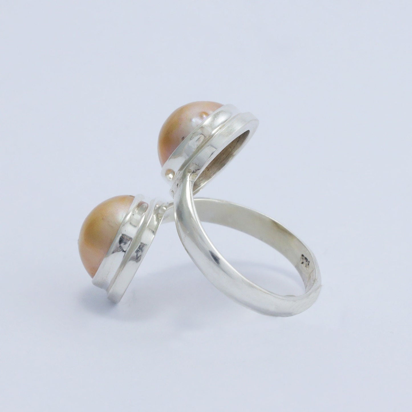 Golden mabe pearl ring 925 sterling silver bypass style with bezel set and high polish