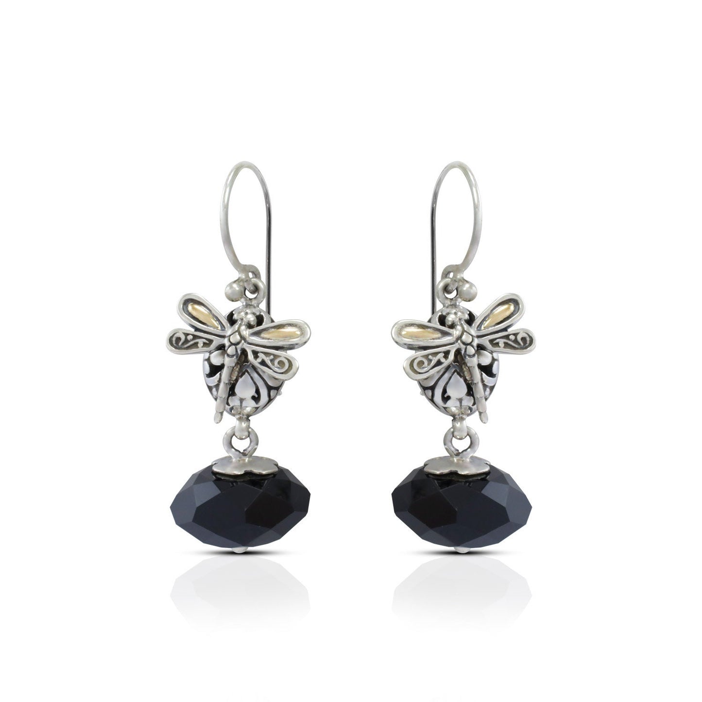 drop onyx earrings 925 sterling silver and 18K yellow gold with dragonfly ornament