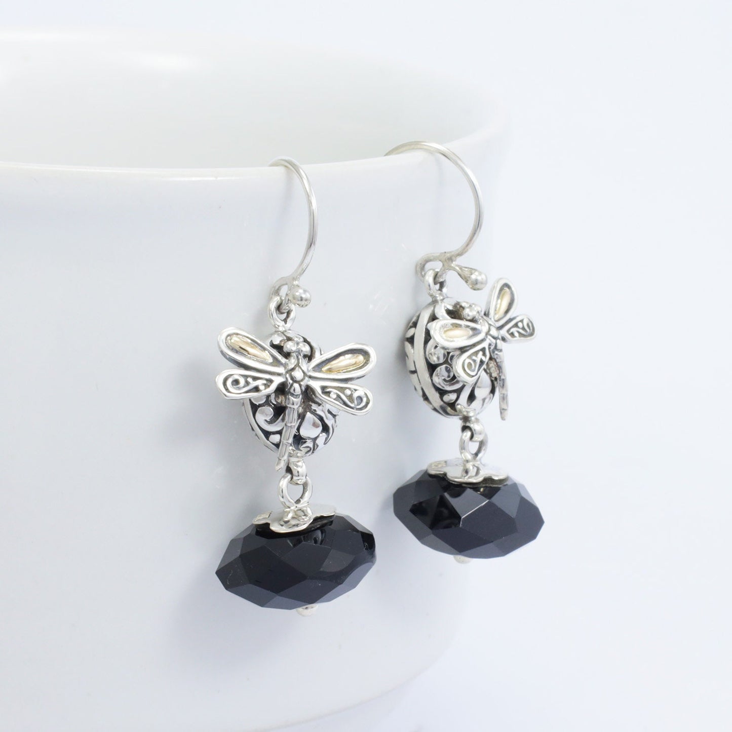 drop onyx earrings 925 sterling silver and 18K yellow gold with dragonfly ornament