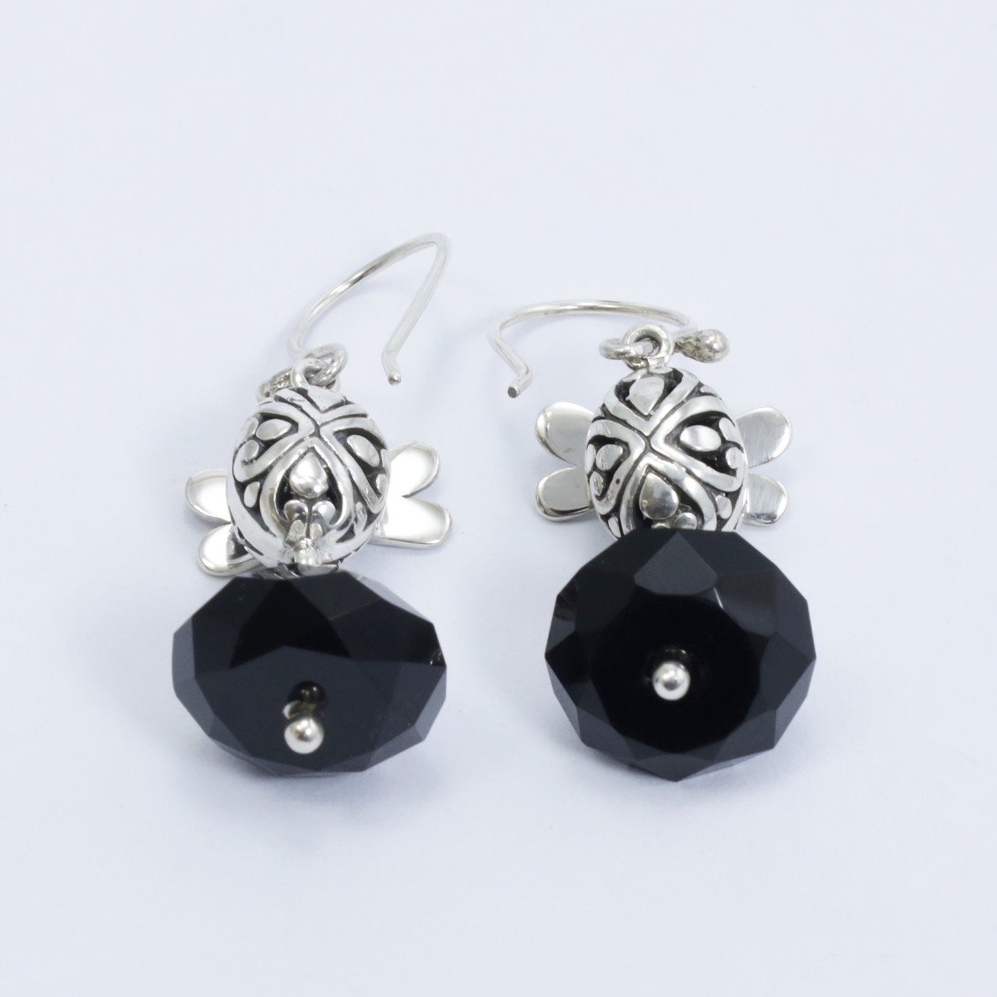 drop onyx earrings 925 sterling silver and 18K yellow gold with dragonfly ornament