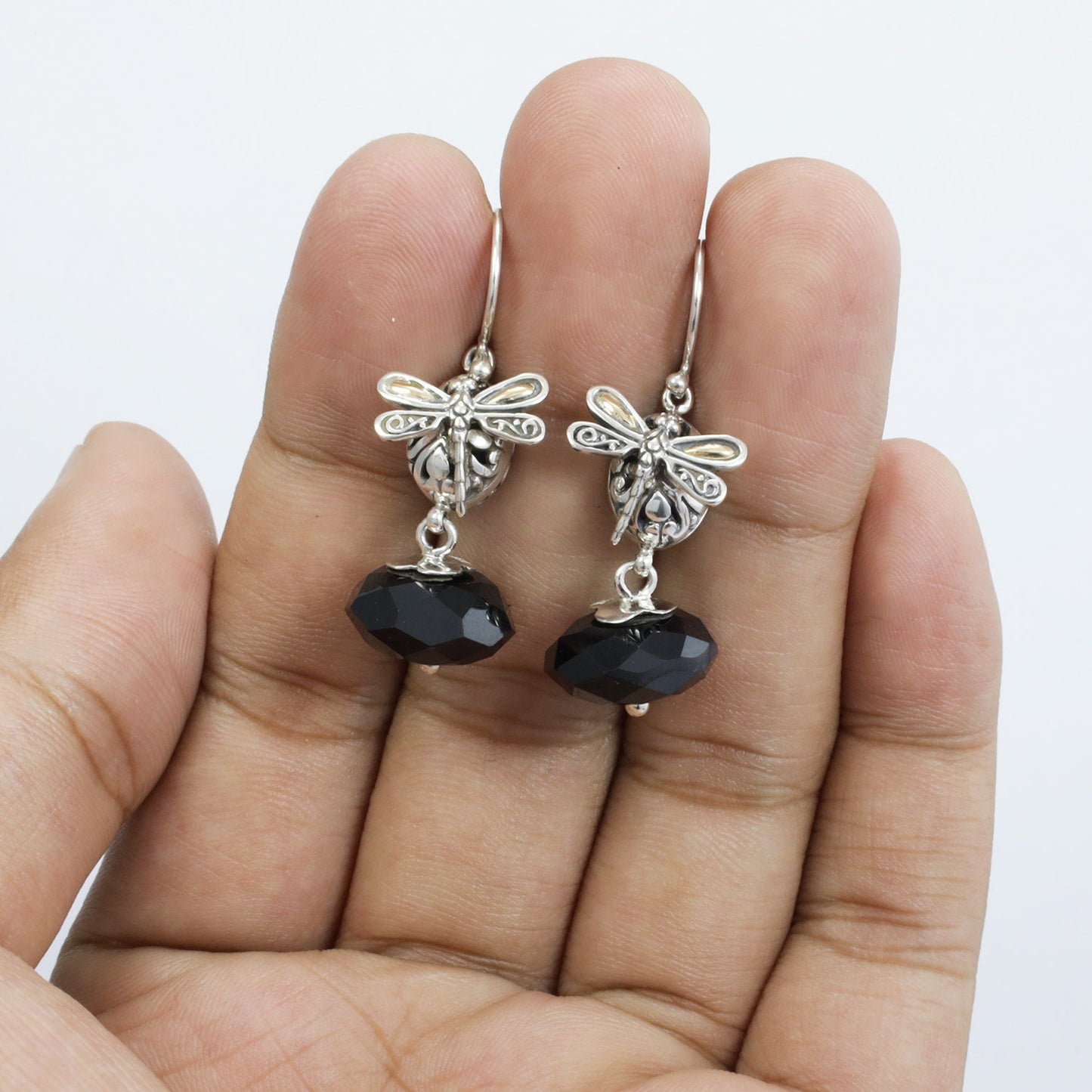drop onyx earrings 925 sterling silver and 18K yellow gold with dragonfly ornament