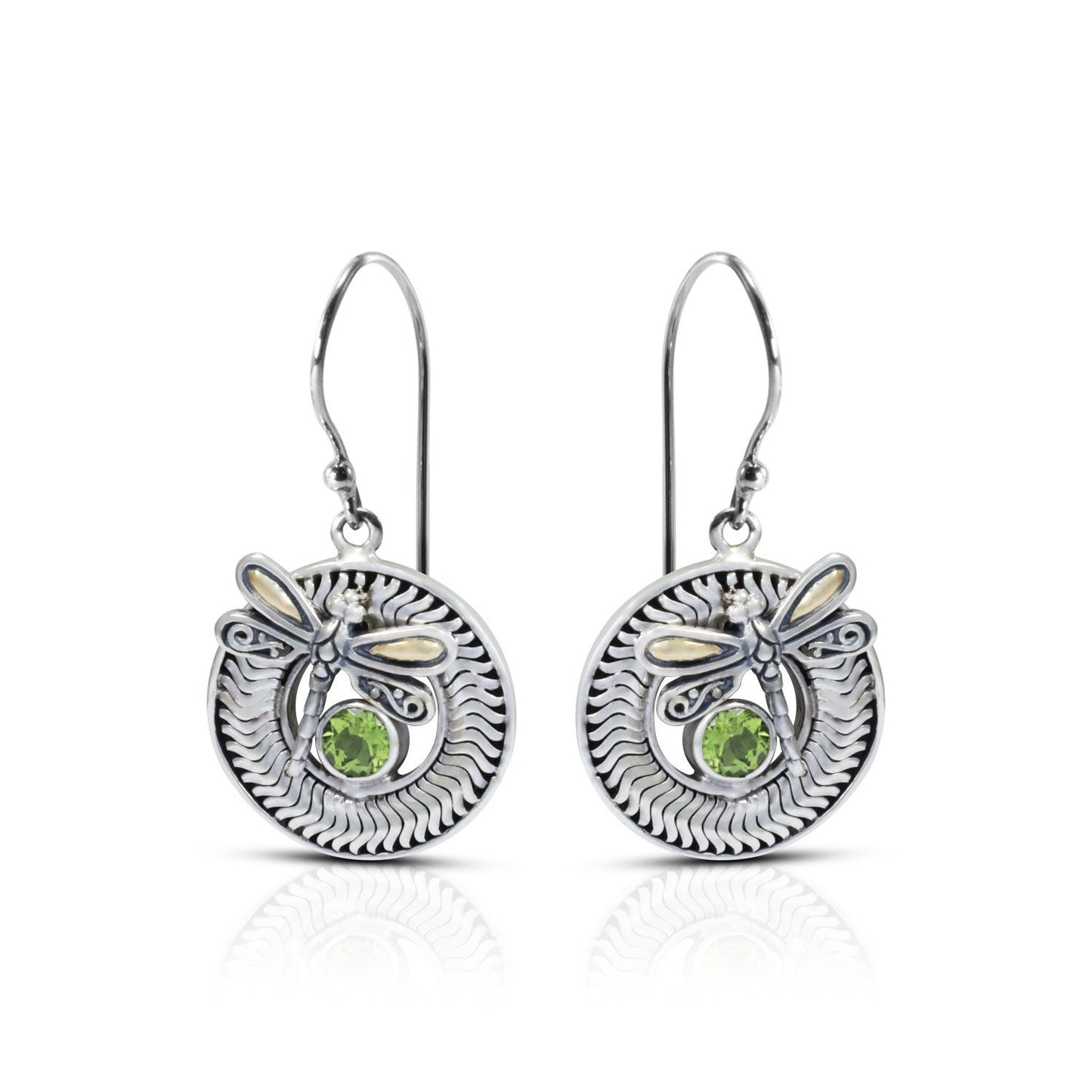 green peridot earrings 925 sterling silver and 18K yellow gold decorated with dragonfly ornament