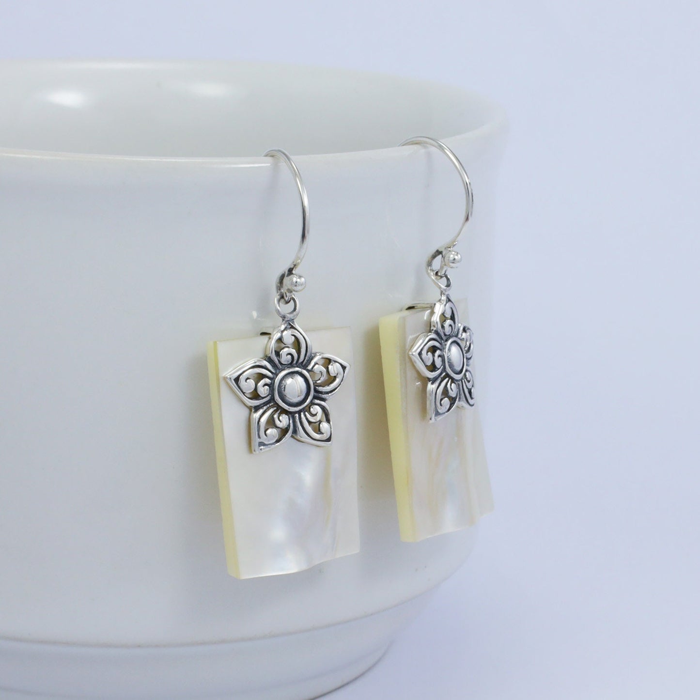 flower earrings 925 sterling silver with genuine blister shell and high polish finishing