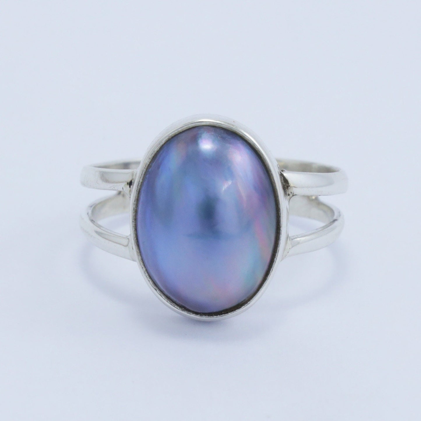 oval blue pearl ring 925 sterling silver split shank ring and high polish finishing
