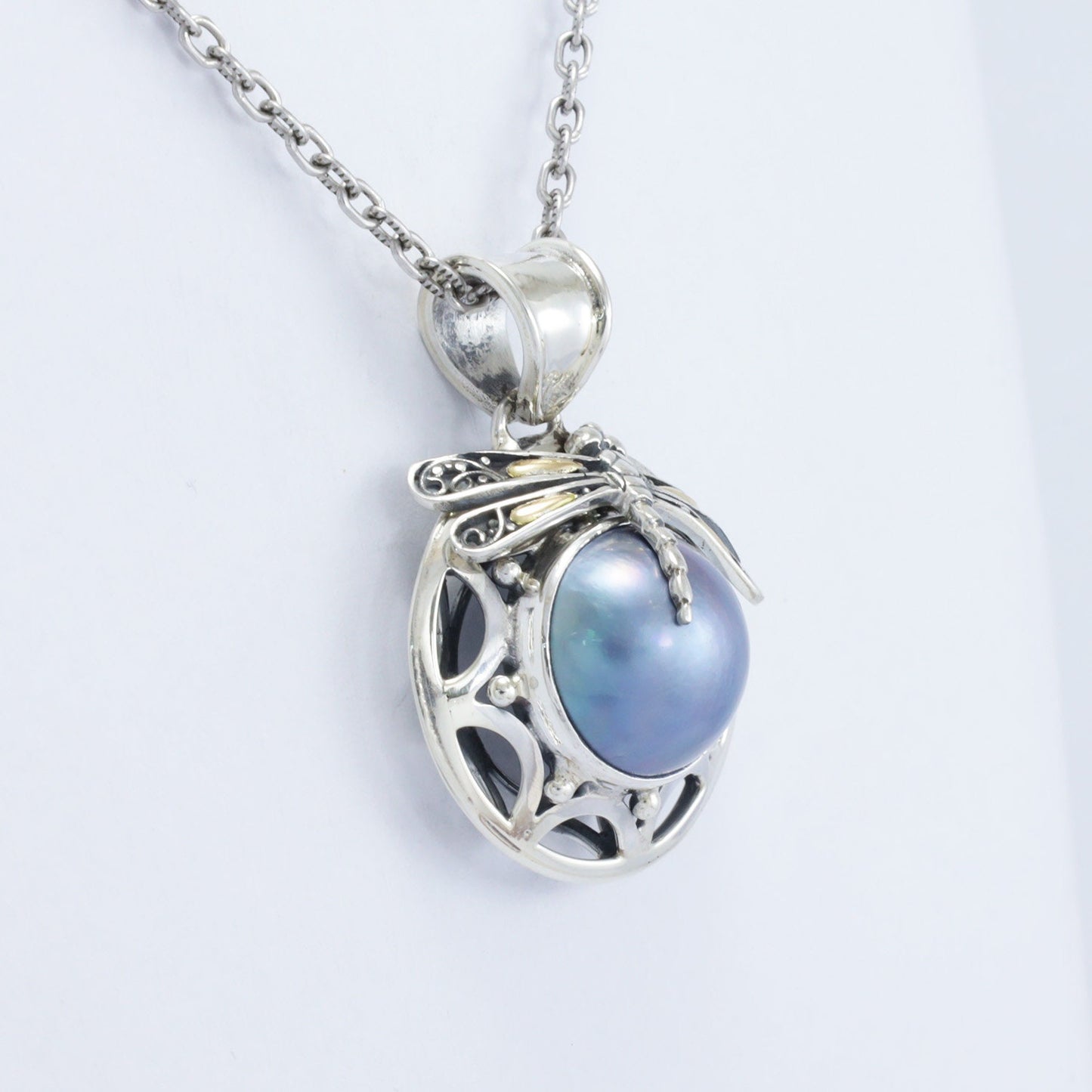 blue mabe pearl pendant 925 sterling silver decorated with dragonfly and 18K yellow gold ornament
