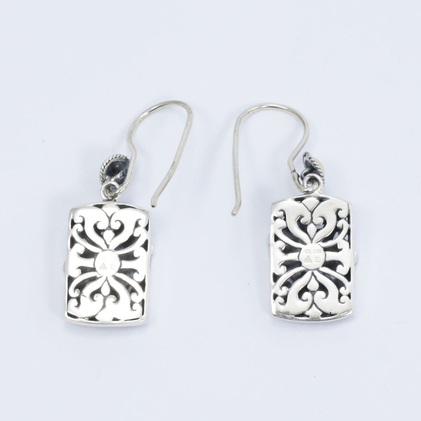Square earrings dangle 925 sterling silver decorated with 18K yellow gold, dragonfly ornament and open work filigree