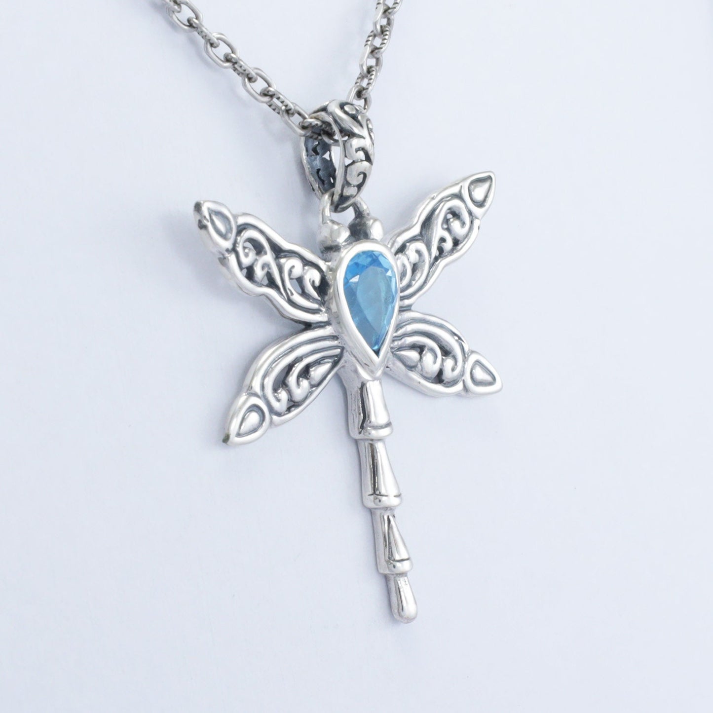 dragonfly pendant necklace 925 sterling silver with genuine blue topaz and swirl filigree ornament