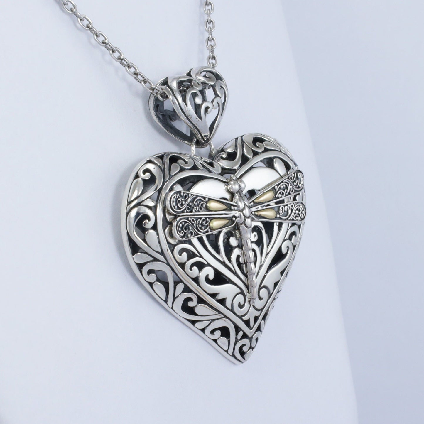 heart shape pendant necklace 925 sterling silver with beautiful ornament art and 18 K yellow gold dragonfly