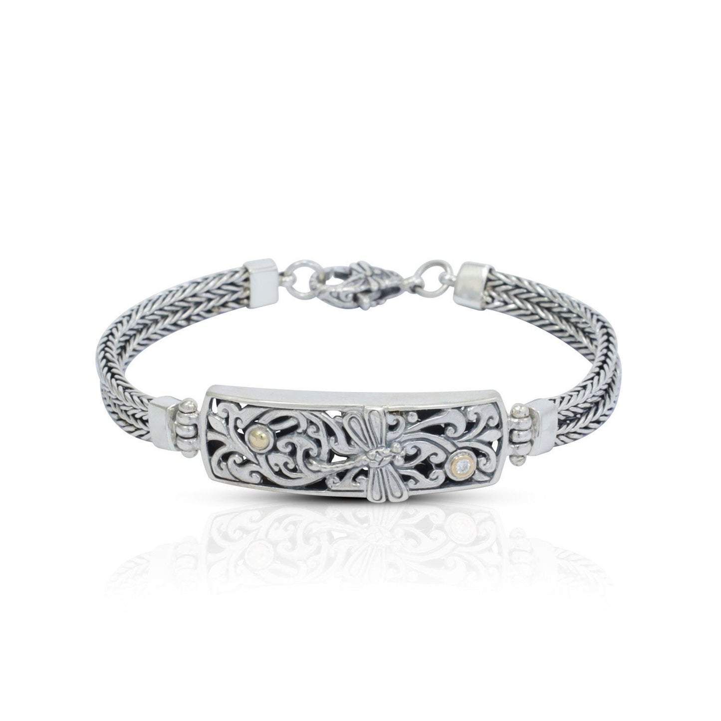 chain bracelet 925 sterling silver with real diamond, filigree ornament bar and 18K yellow gold