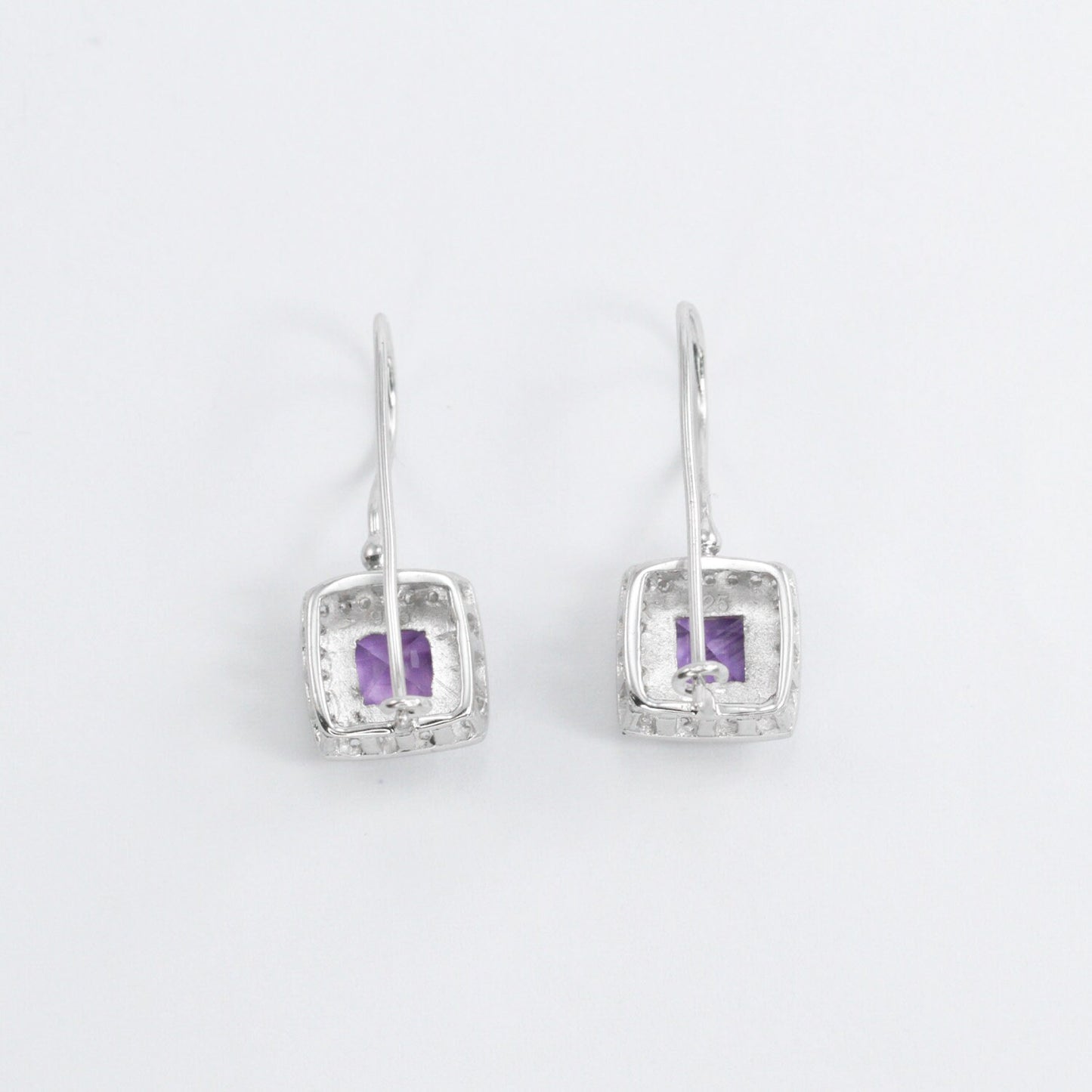 square amethyst earrings 925 sterling silver rhodium coated with kidney lock