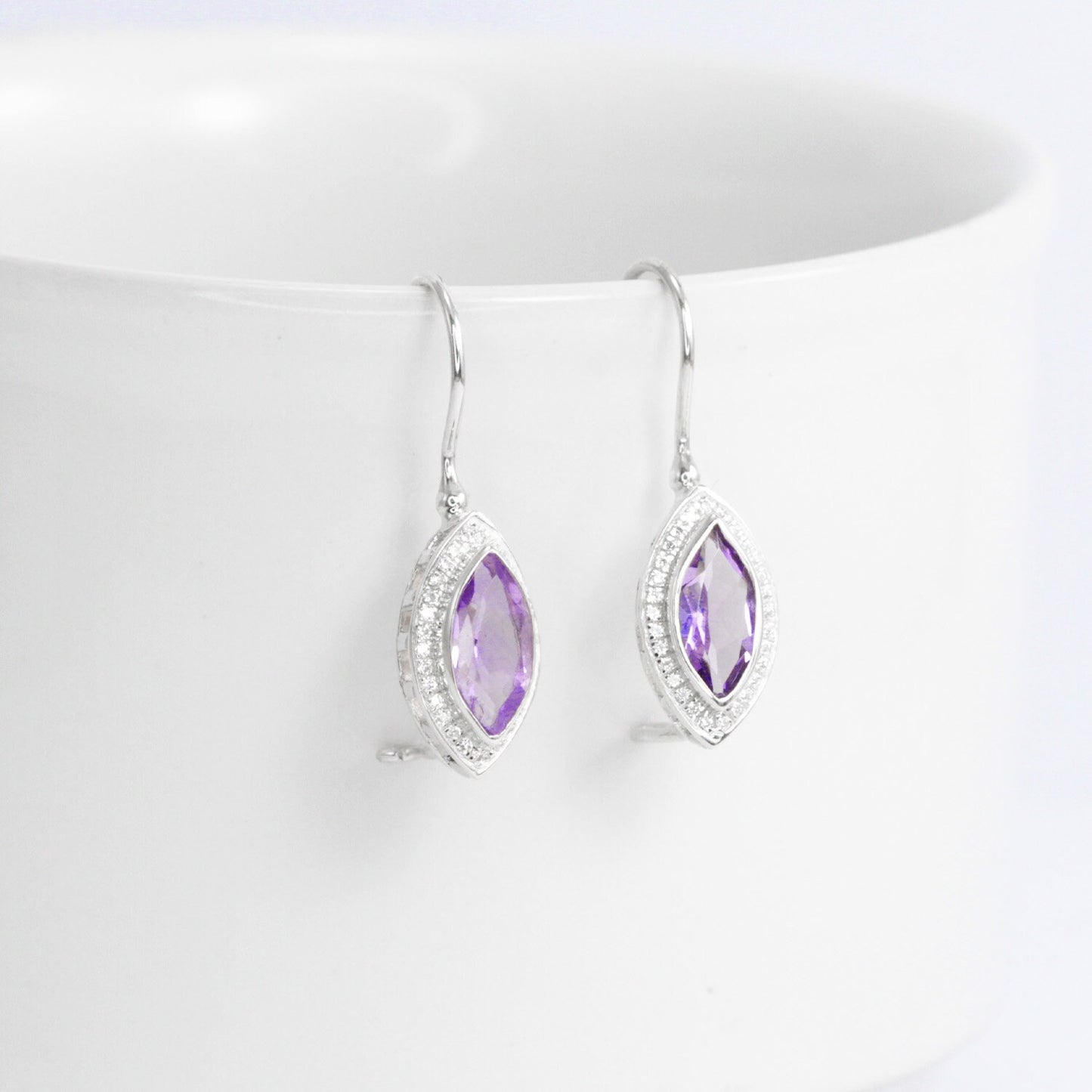 marquise amethyst earrings 925 sterling silver rhodium coated with kidney lock