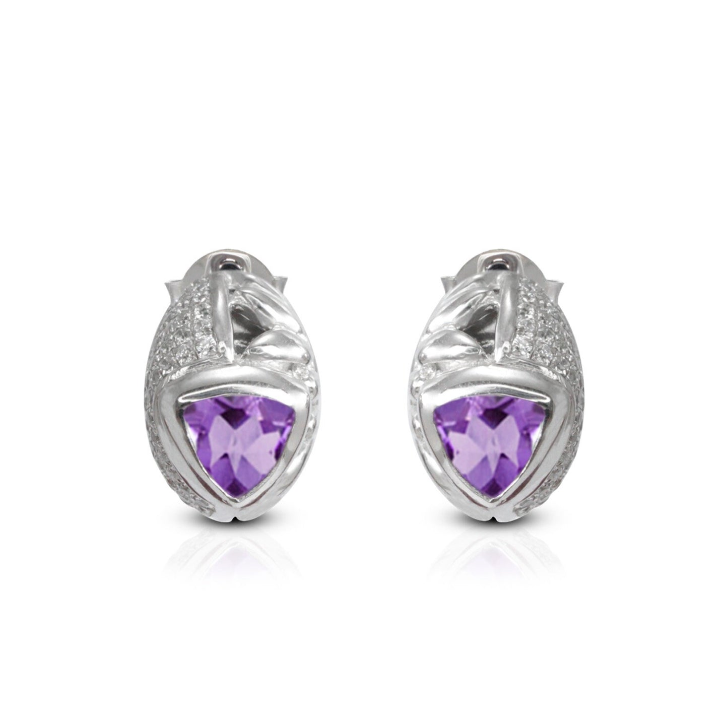 huggie earrings stud 925 sterling silver with genuine amethyst and white zirconia