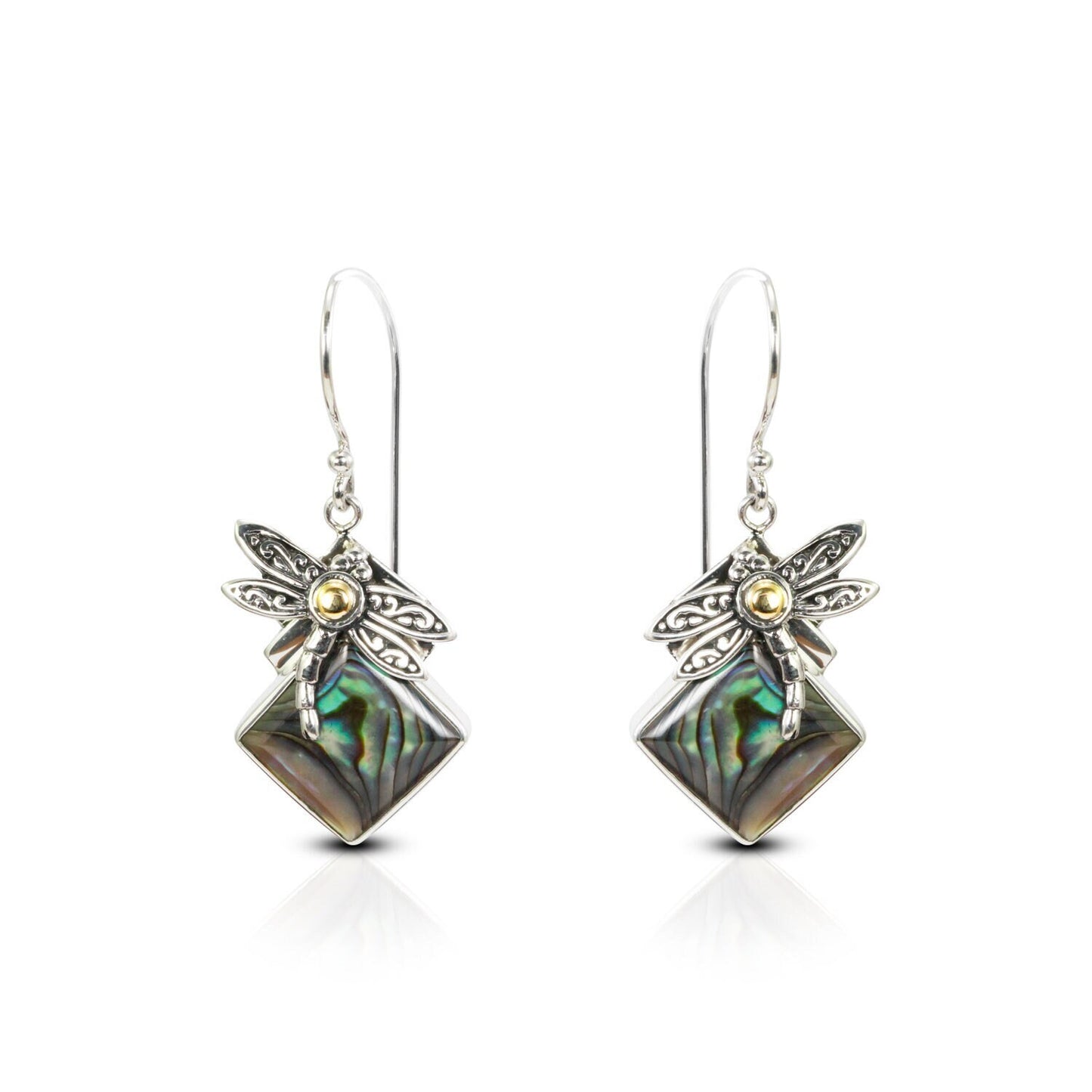 dragonfly earrings 925 sterling silver with 18K gold and natural abalone shell
