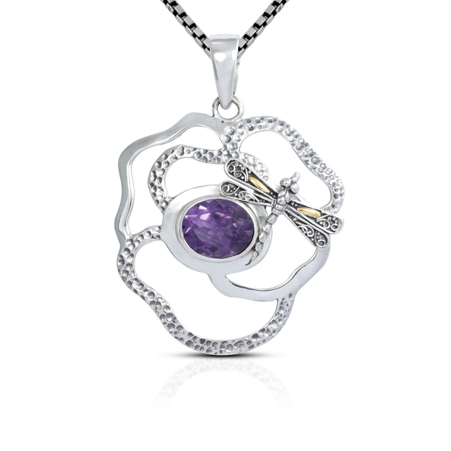 Genuine Amethyst Pendant Necklace double bezel set 925 sterling silver decorated with dragonfly 18K yellow gold, 10*13 mm oval amethyst