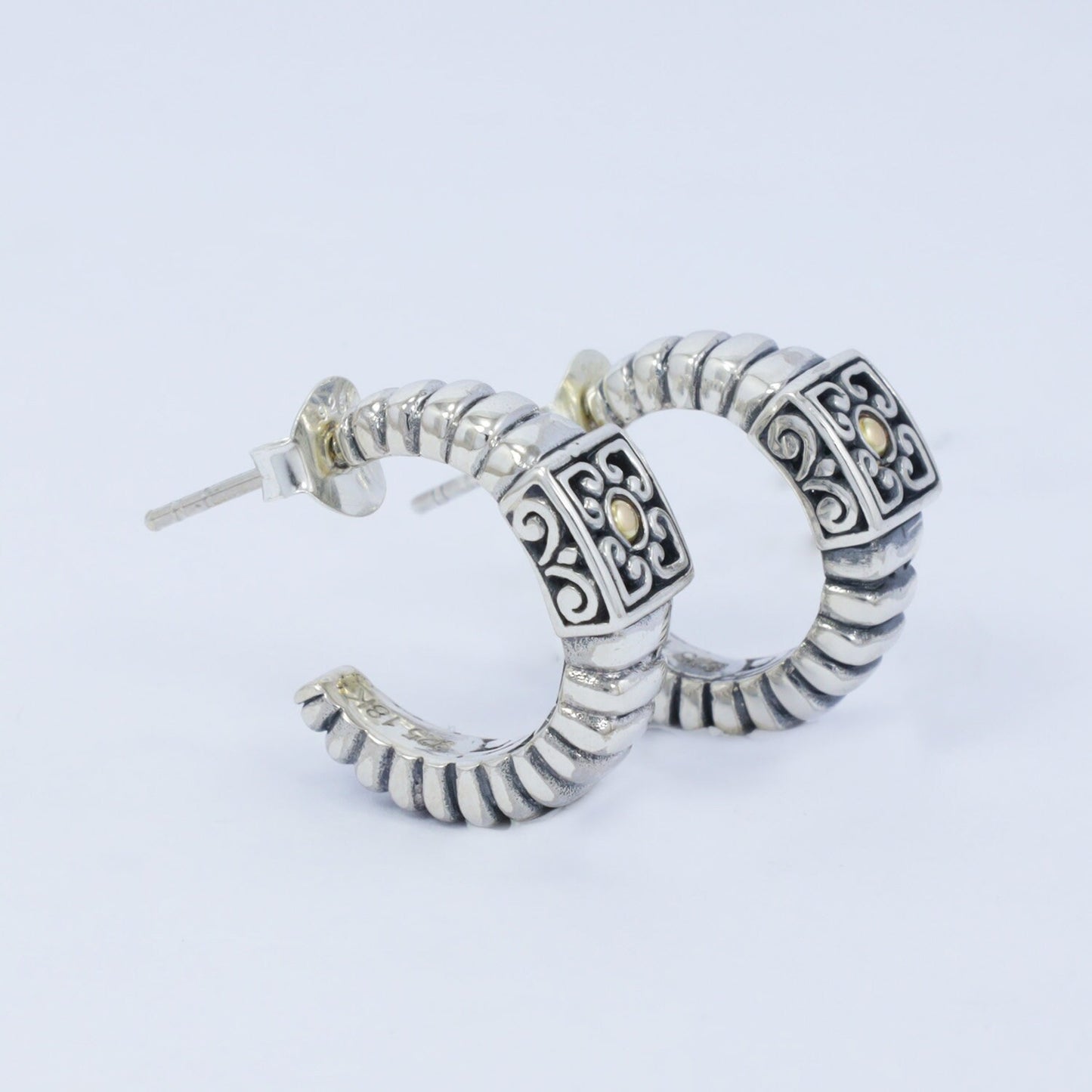 925 sterling silver hoop earrings decorated with flower filigree and 18K yellow gold dot
