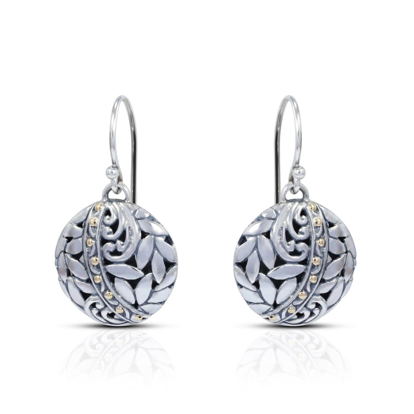 Round earrings 925 sterling silver and 18K yellow gold with beginning of life ornament seed and filigree