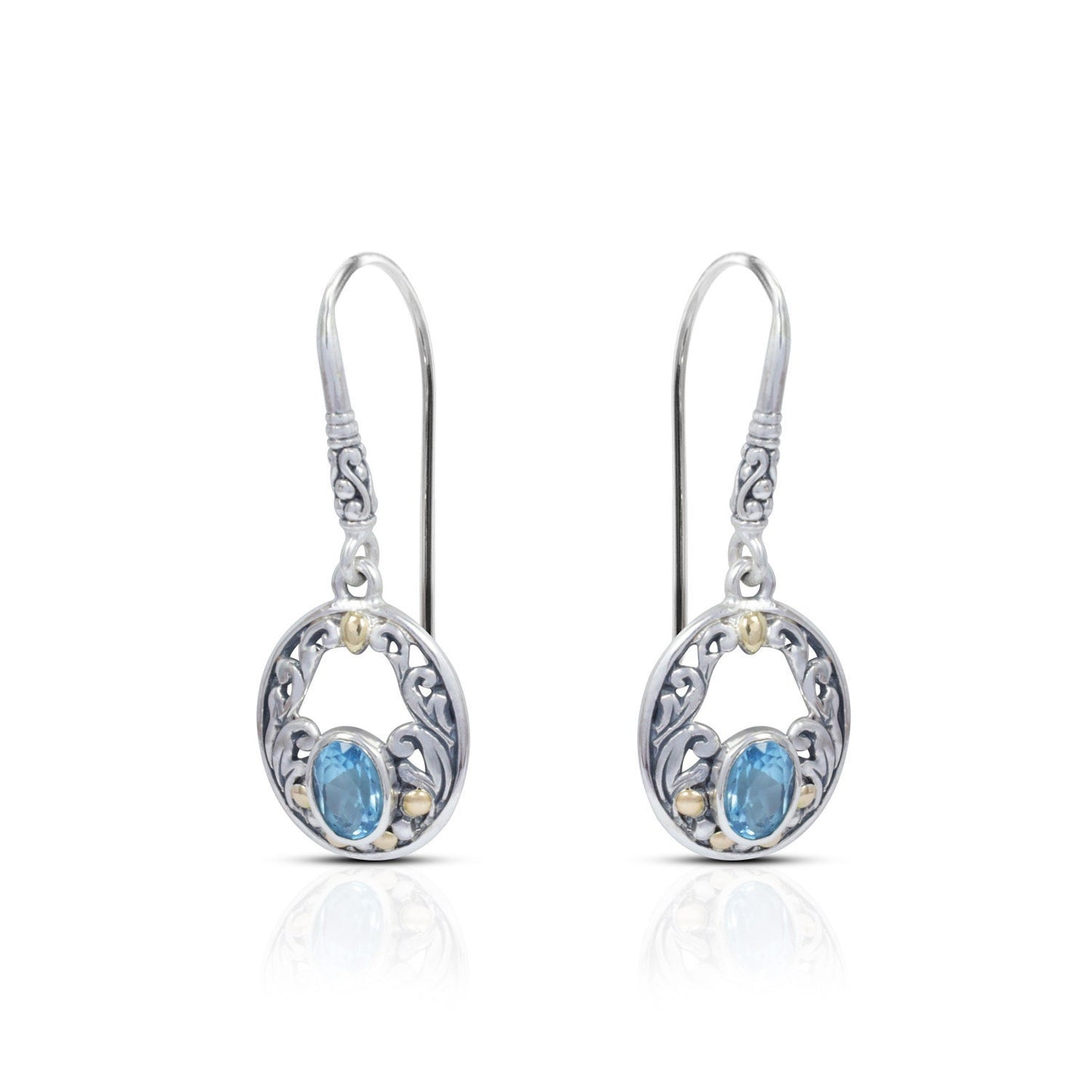 genuine blue topaz earrings dangle drop 925 sterling silver with 18K yellow gold and open work filigree ornament