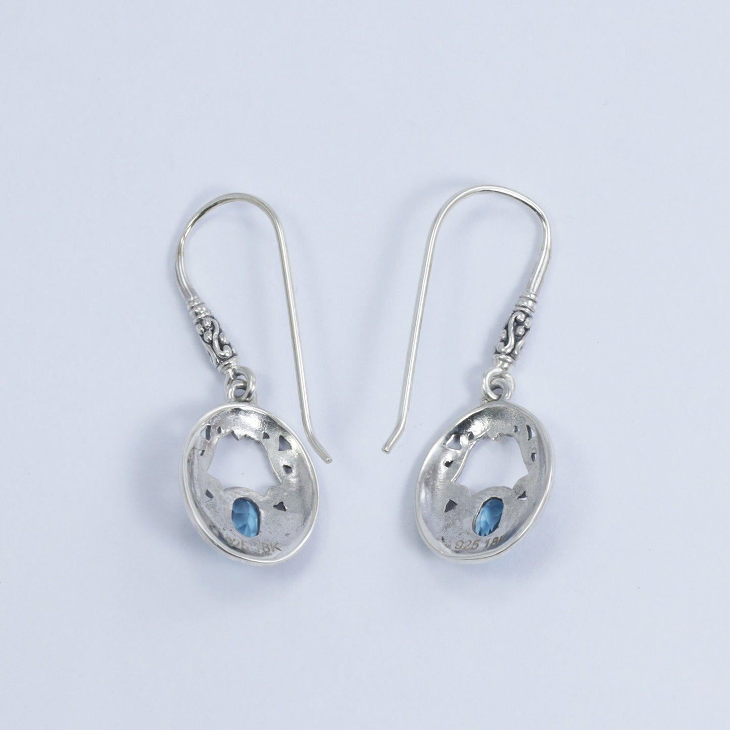 genuine blue topaz earrings dangle drop 925 sterling silver with 18K yellow gold and open work filigree ornament