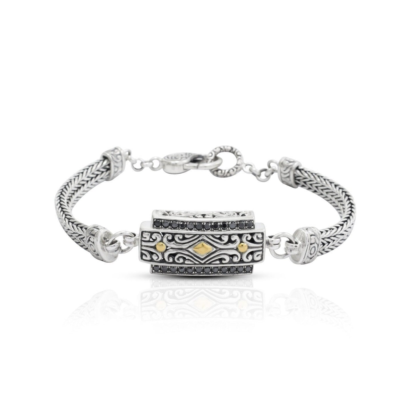 black diamond bracelet 925 sterling silver and 18K yellow gold with bar ornament and lobster claw lock