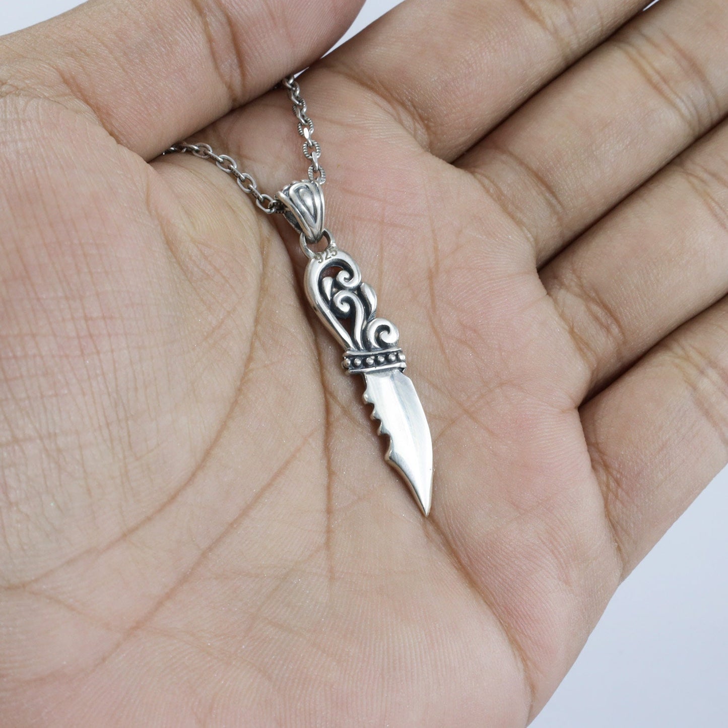 silver knife pendant necklace 925 sterling silver decorated with swirl filigree ornament