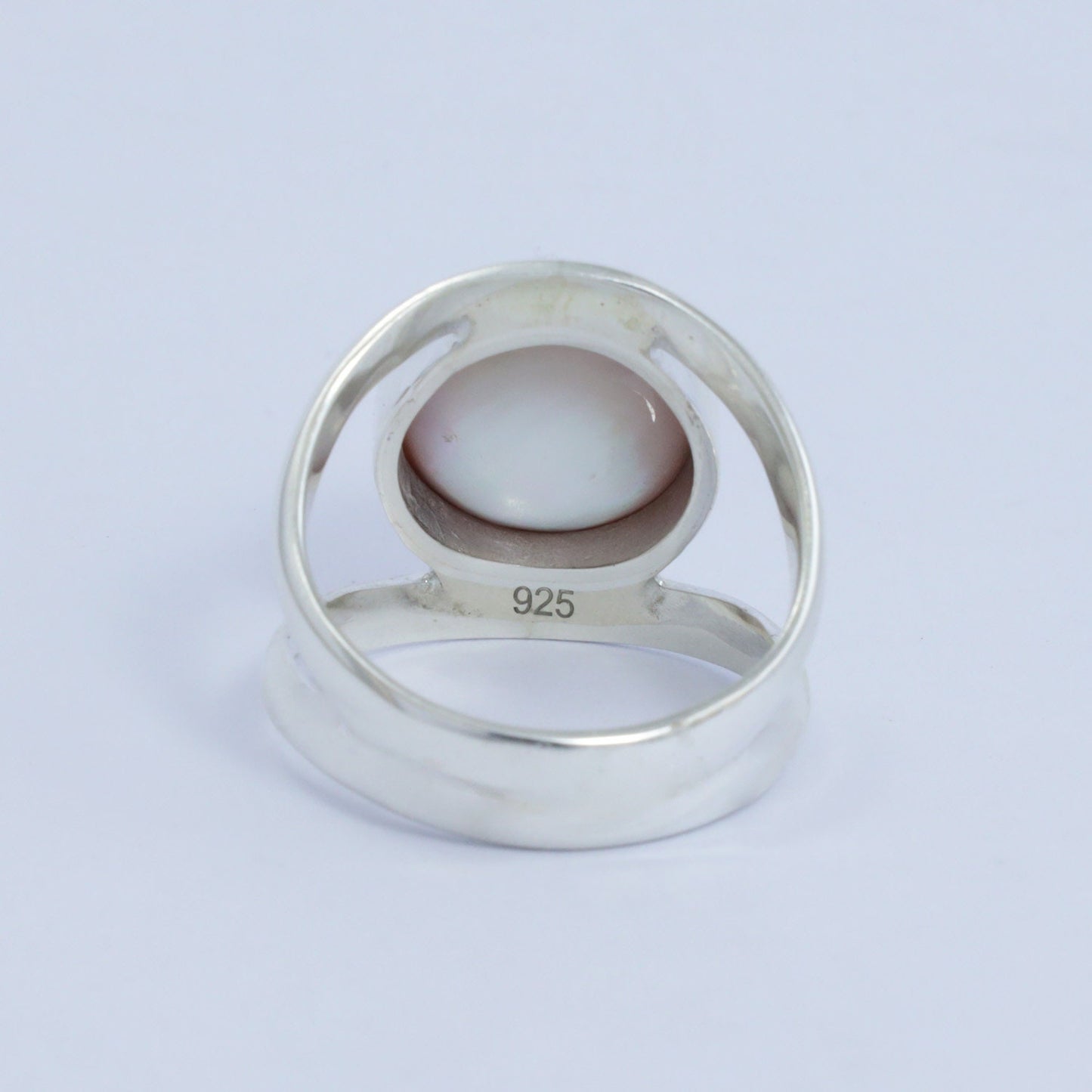 pink pearl ring 925 sterling silver with split shank ring and bezel set