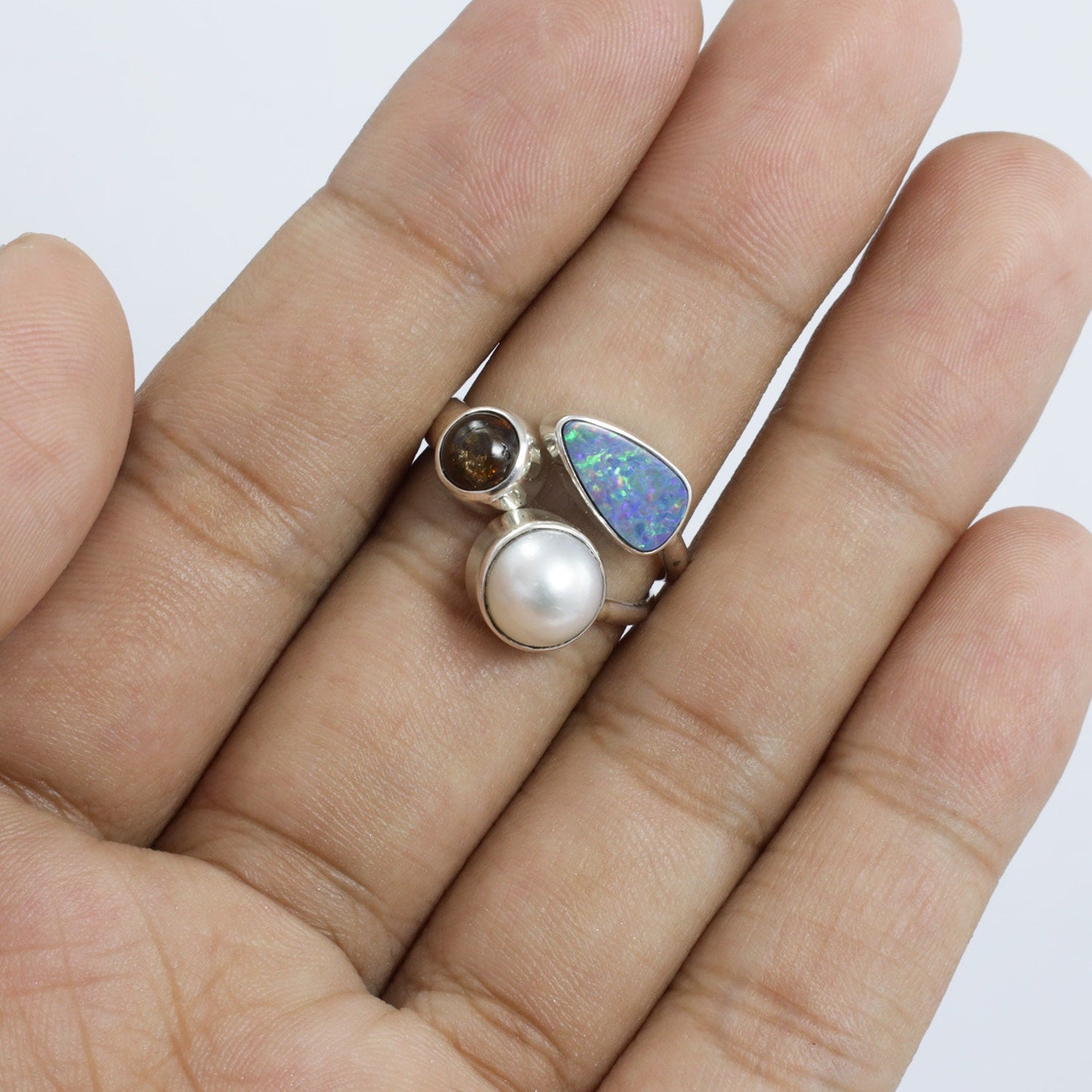 Multi stone ring 925 sterling silver with genuine fire opal, freshwater pearl and natural tourmaline