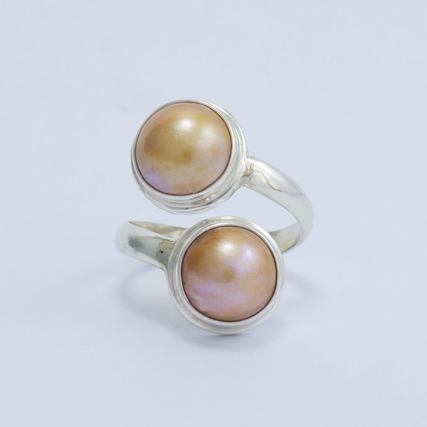 Golden mabe pearl ring 925 sterling silver bypass style with bezel set and high polish