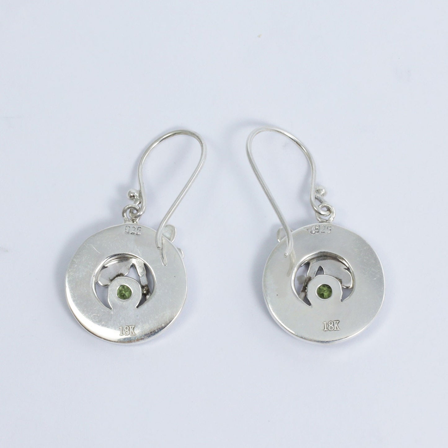 green peridot earrings 925 sterling silver and 18K yellow gold decorated with dragonfly ornament