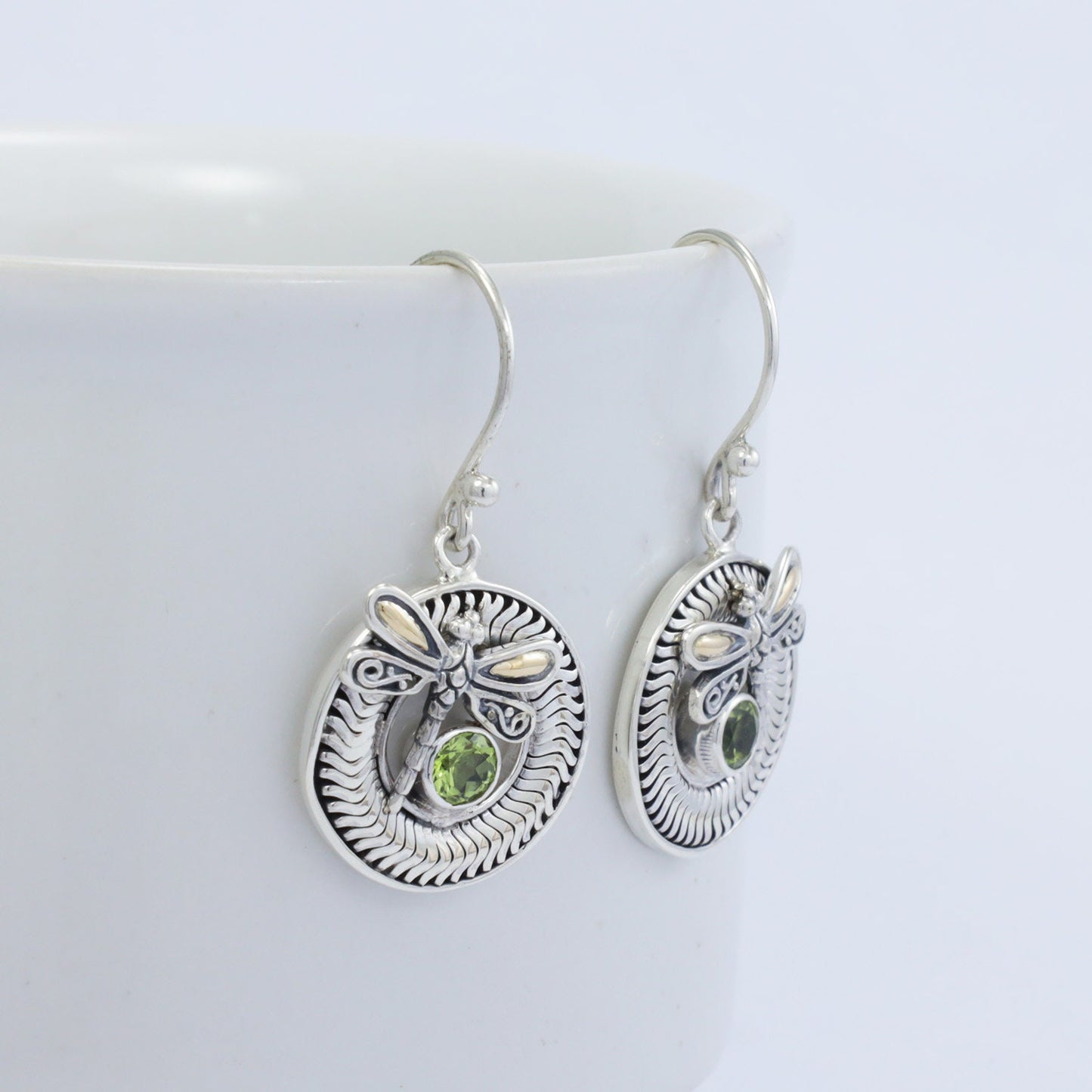 green peridot earrings 925 sterling silver and 18K yellow gold decorated with dragonfly ornament
