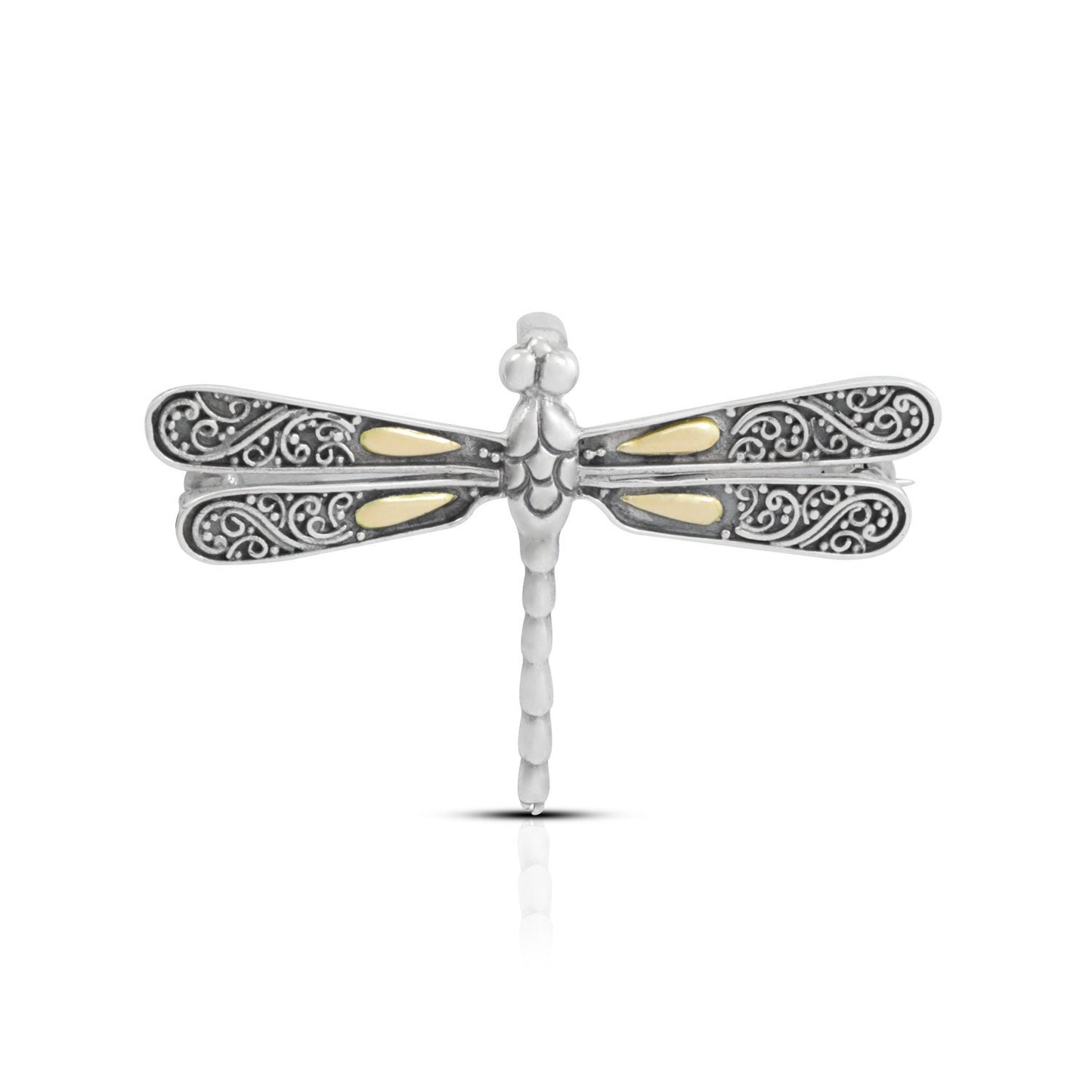 Dragonfly pendant and brooch 925 sterling silver with 18K yellow gold decorated with swirl filigree ornament