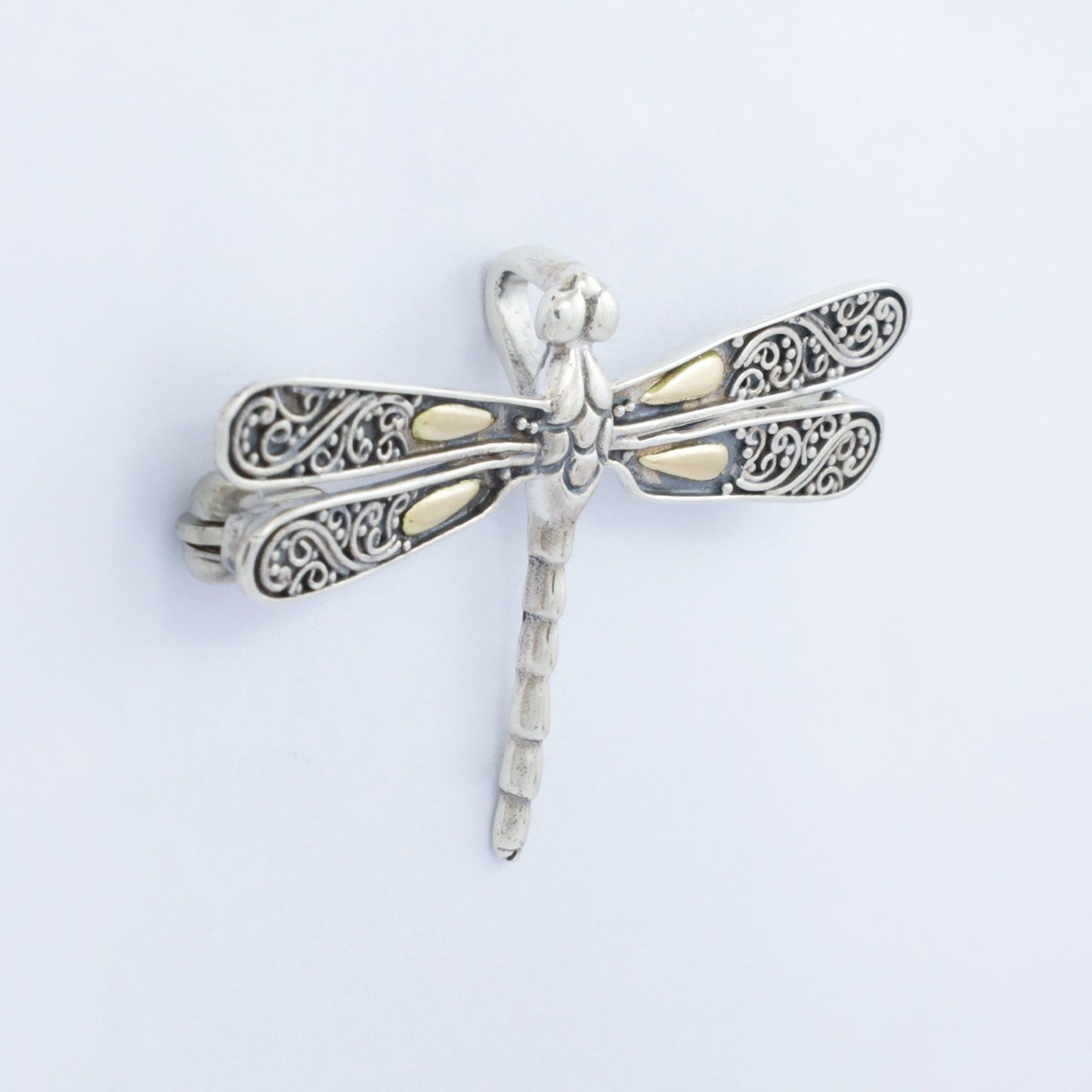 Dragonfly pendant and brooch 925 sterling silver with 18K yellow gold decorated with swirl filigree ornament