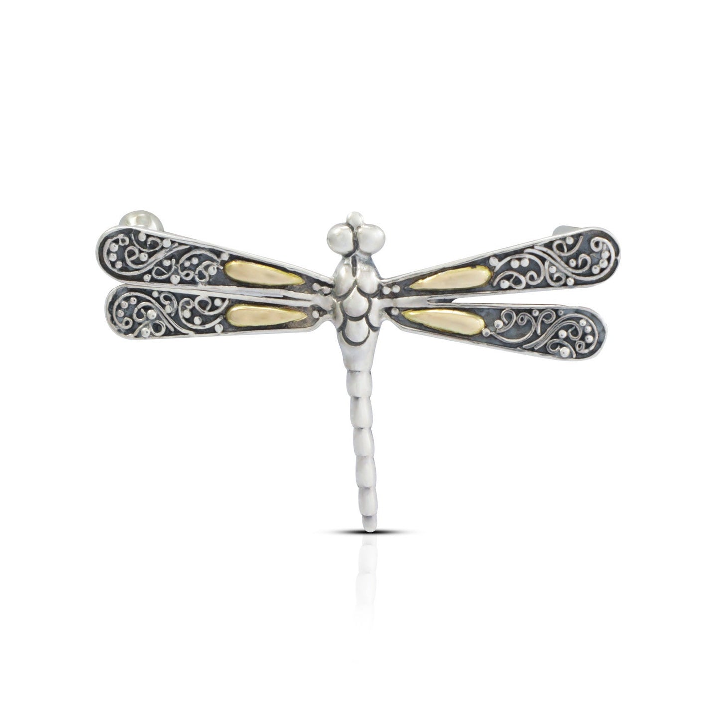Dragonfly brooch 925 sterling silver and 18K yellow gold decorated with detailed filigree